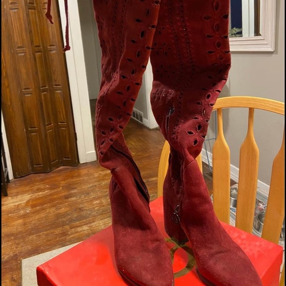Real suede burgundy over the knee boots with lace detailing and  small heel - Picture 1 of 6